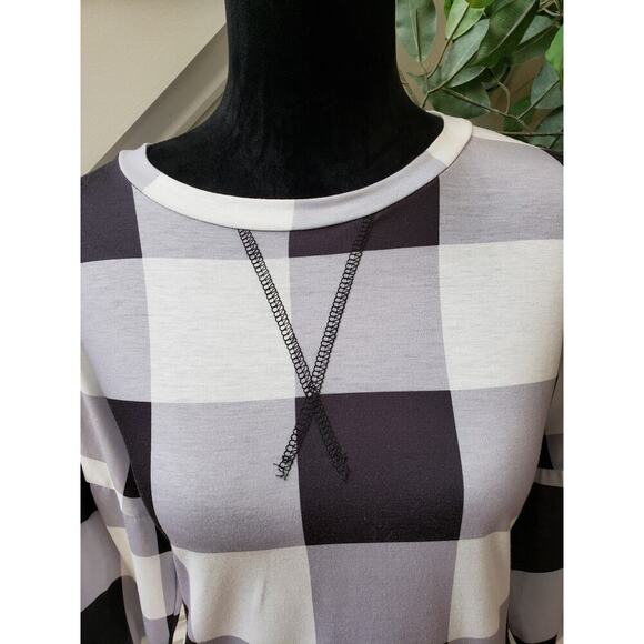 Women's Top Blouse Small Multi Buffalo Check Stretch Long Sleeve Round Neck Slit - Picture 8 of 10